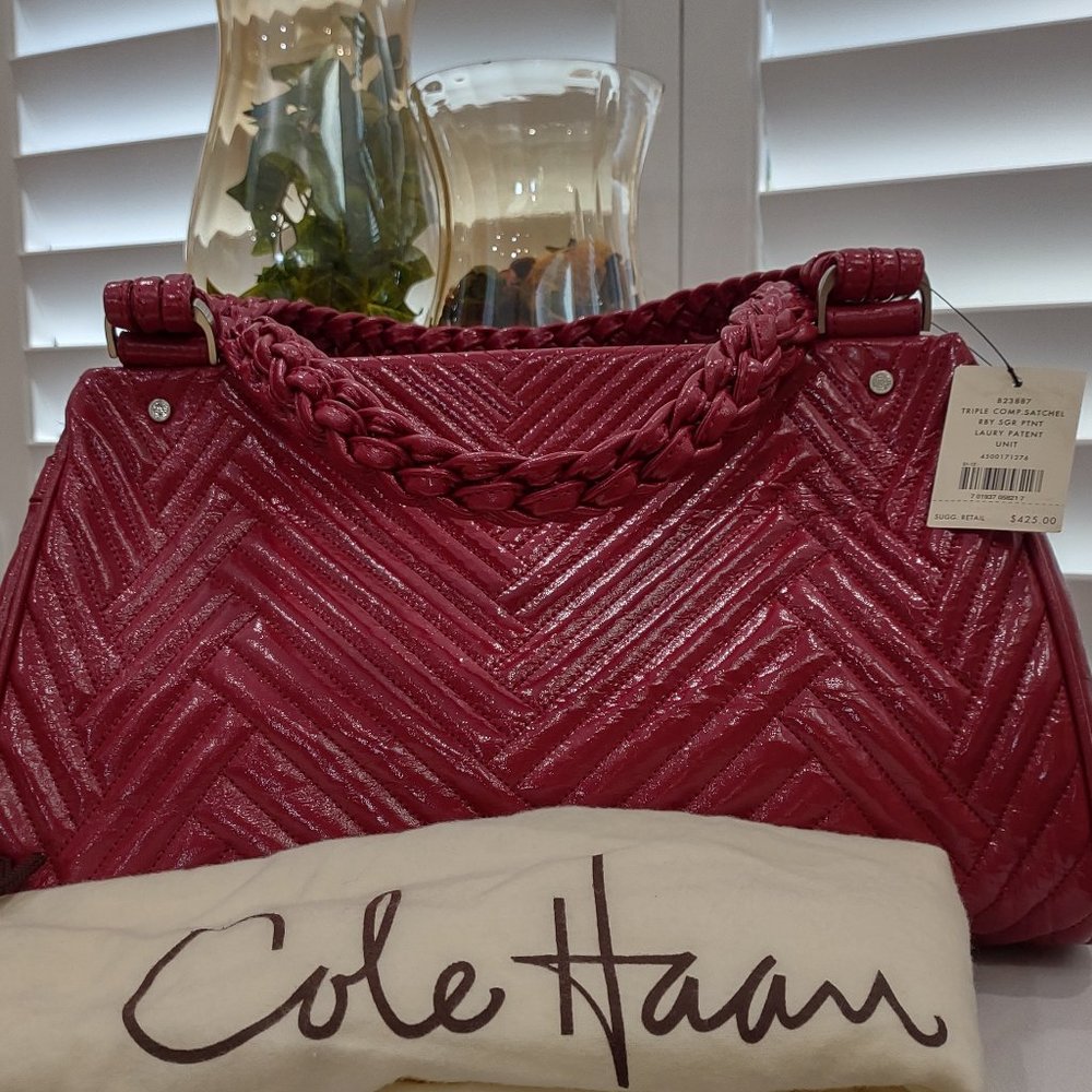 Cole Haan Laury Ruby Red Patent Leather Triple Comp. Satchel - Picture 1 of 6